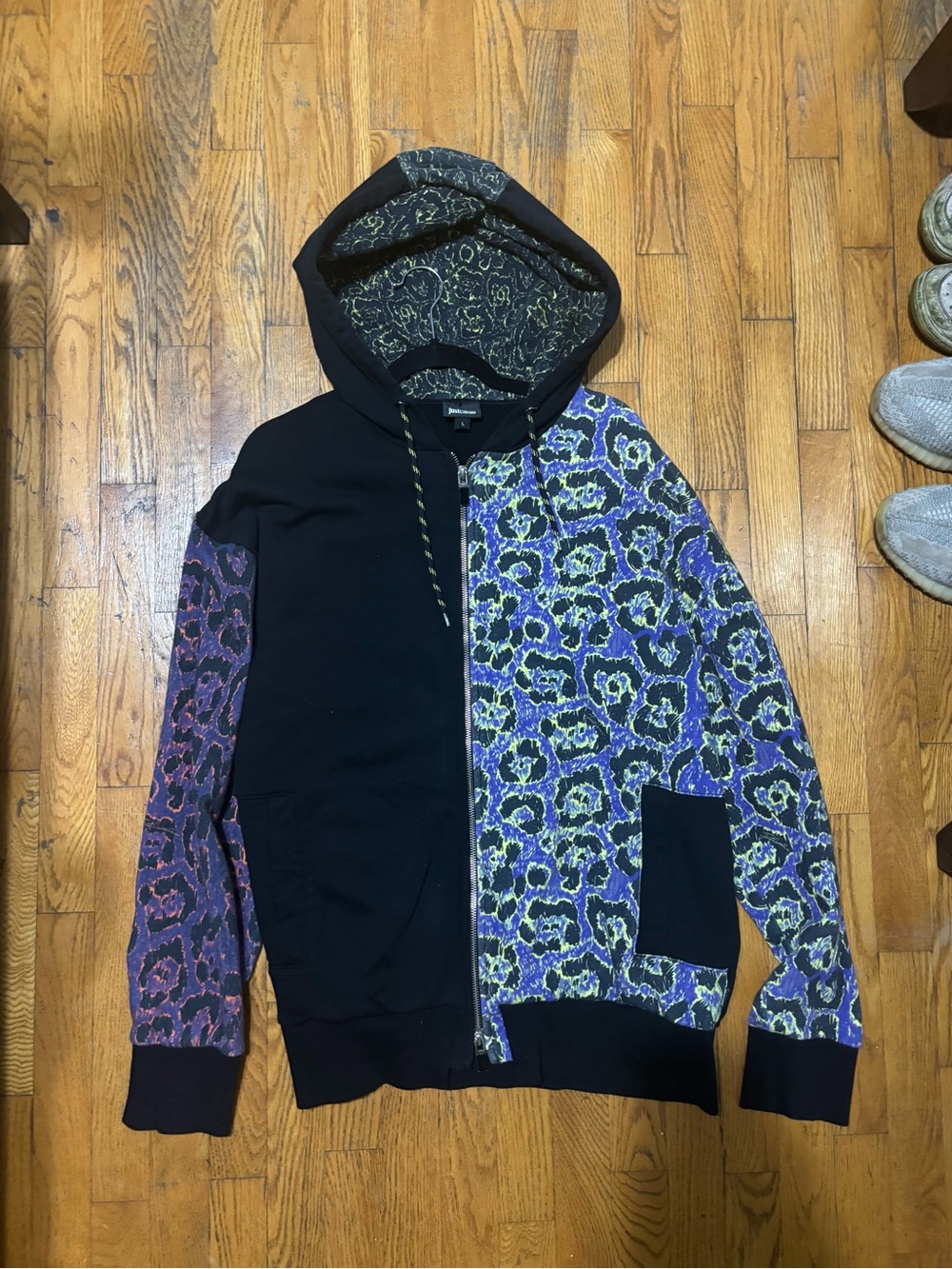 Just Cavalli Black and Purple Zip-Up Hooded Sweater with Patterned Panels